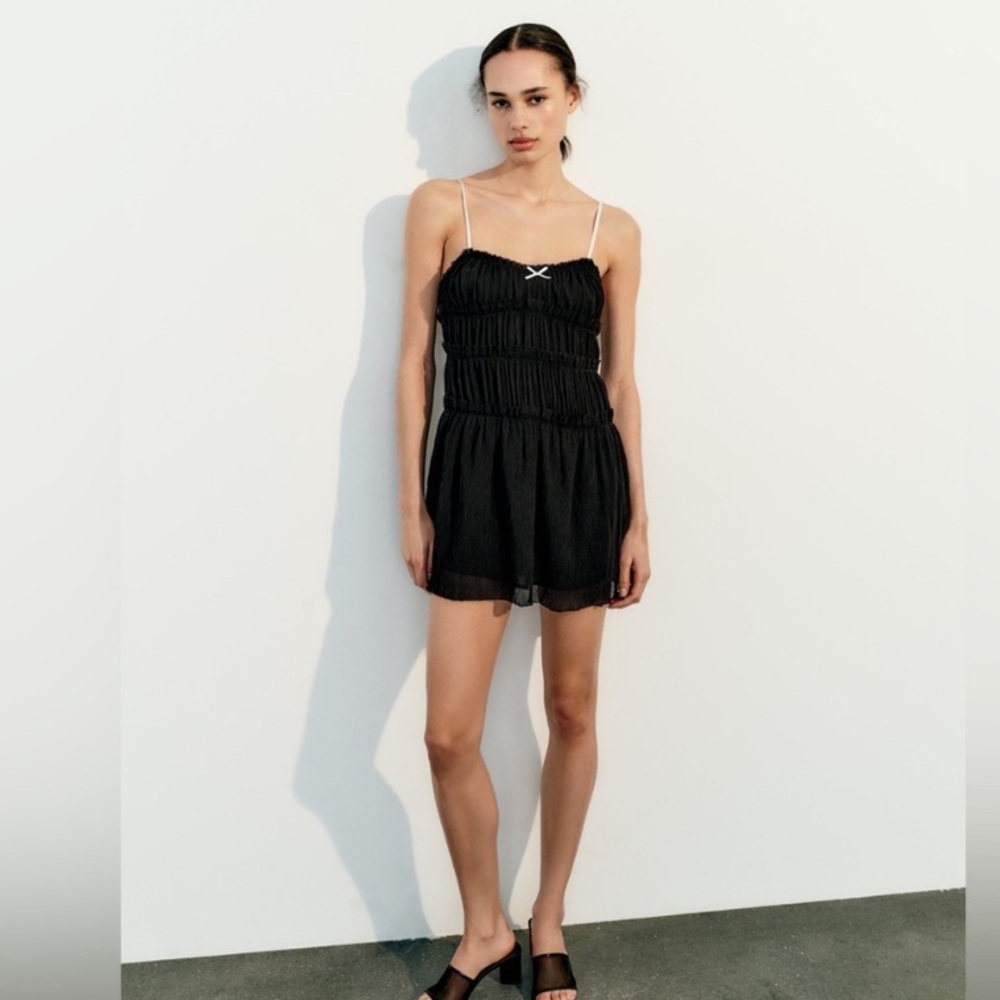 Zara Little Bow Textured Black Slip Dress Corset Camisole Bloggers Mango XS/S